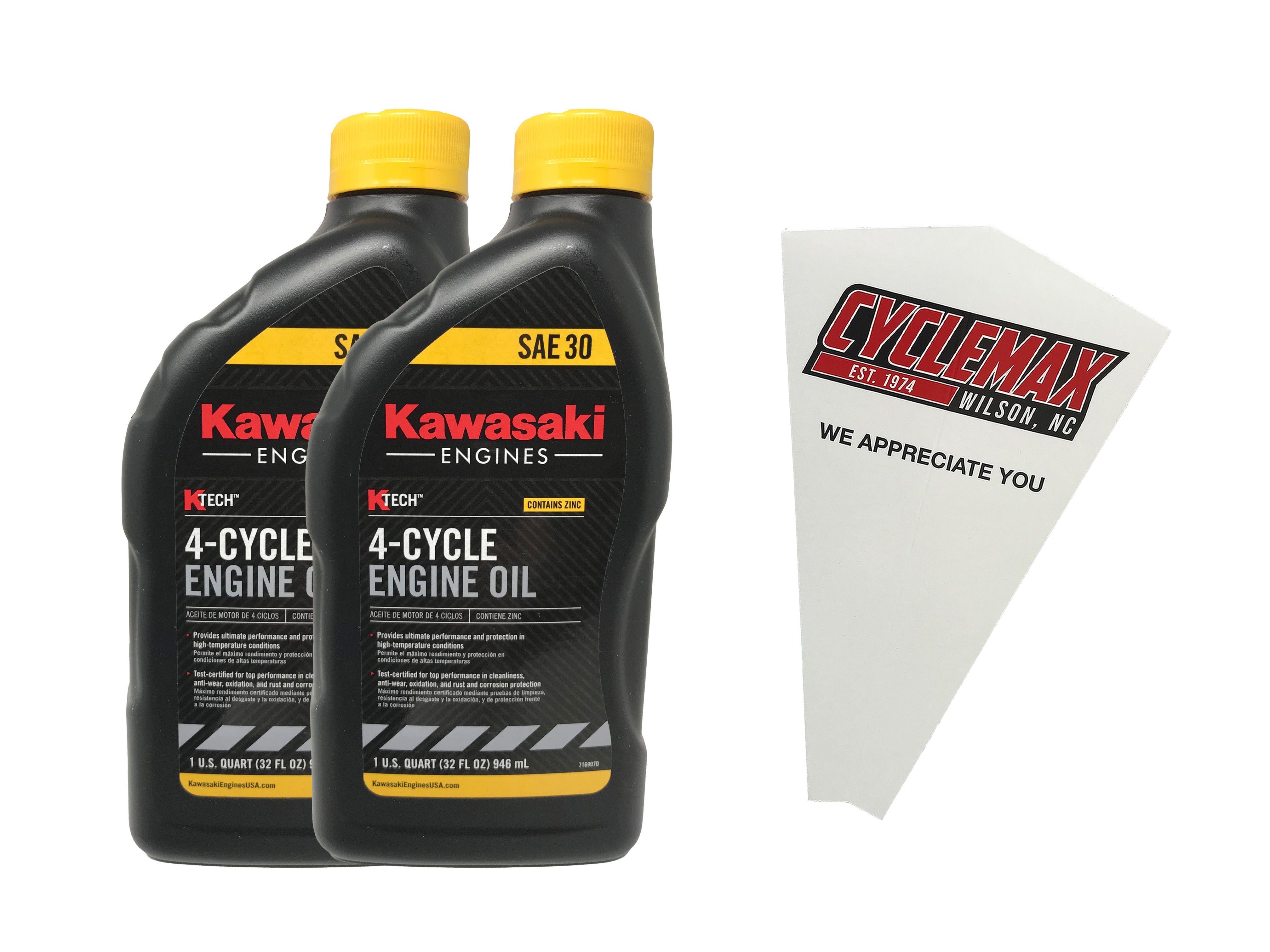 Cyclemax Two Pack for Kawasaki SAE 30W K-Tech Lawnmower Engine Oil 99969-6281 Contains Two Quarts and a Funnel