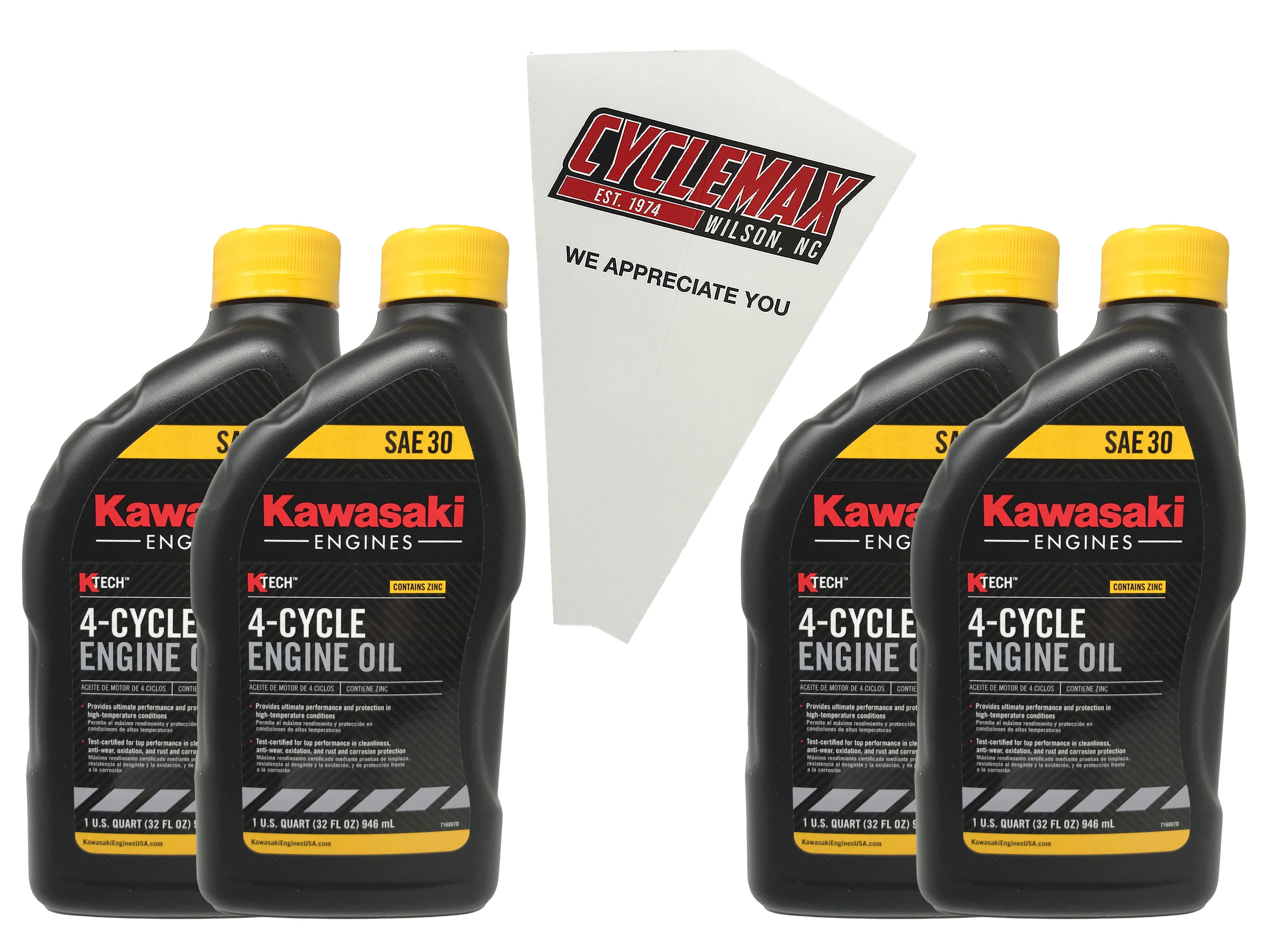 Cyclemax Four Pack for Kawasaki SAE 30W K-Tech Lawnmower Engine Oil 99969-6281 Contains Four Quarts and a Funnel