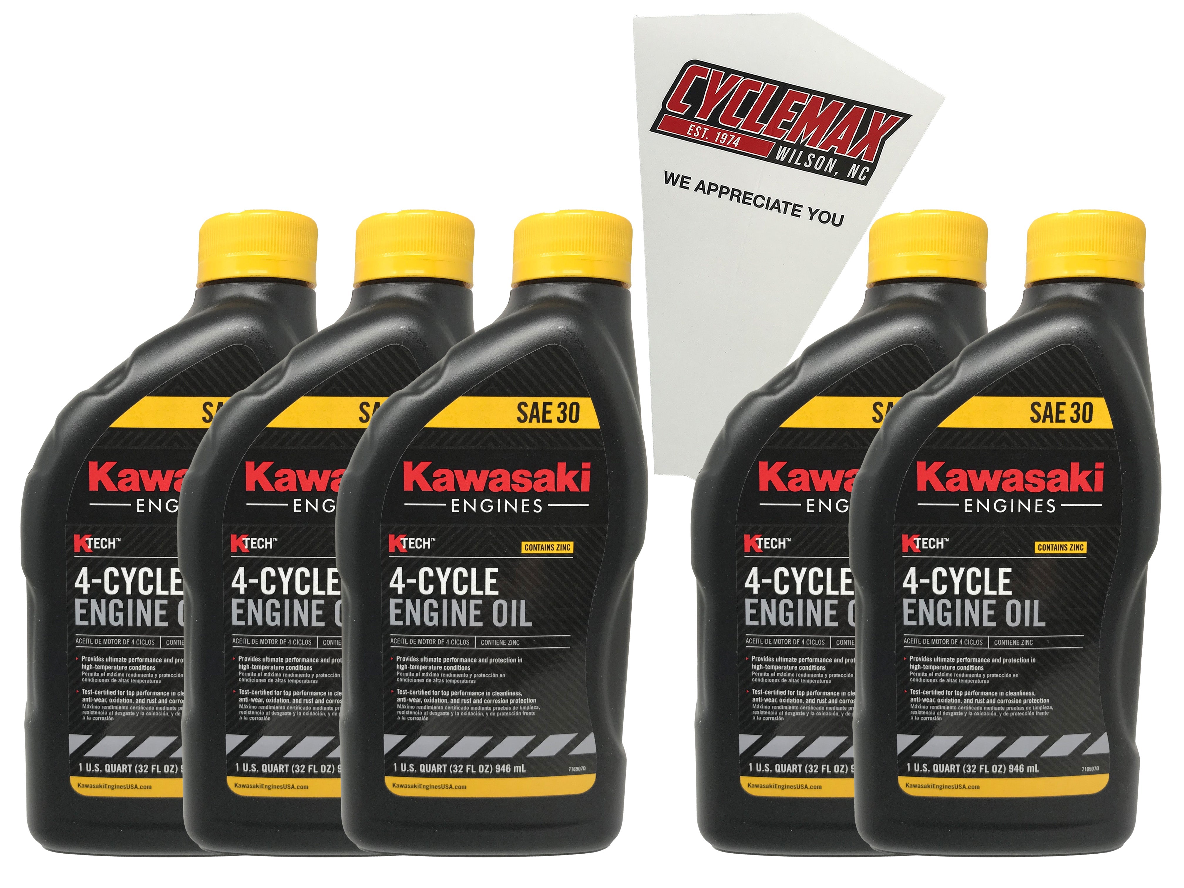 Cyclemax Five Pack for Kawasaki SAE 30W K-Tech Lawnmower Engine Oil 99969-6281 Contains Five Quarts and a Funnel