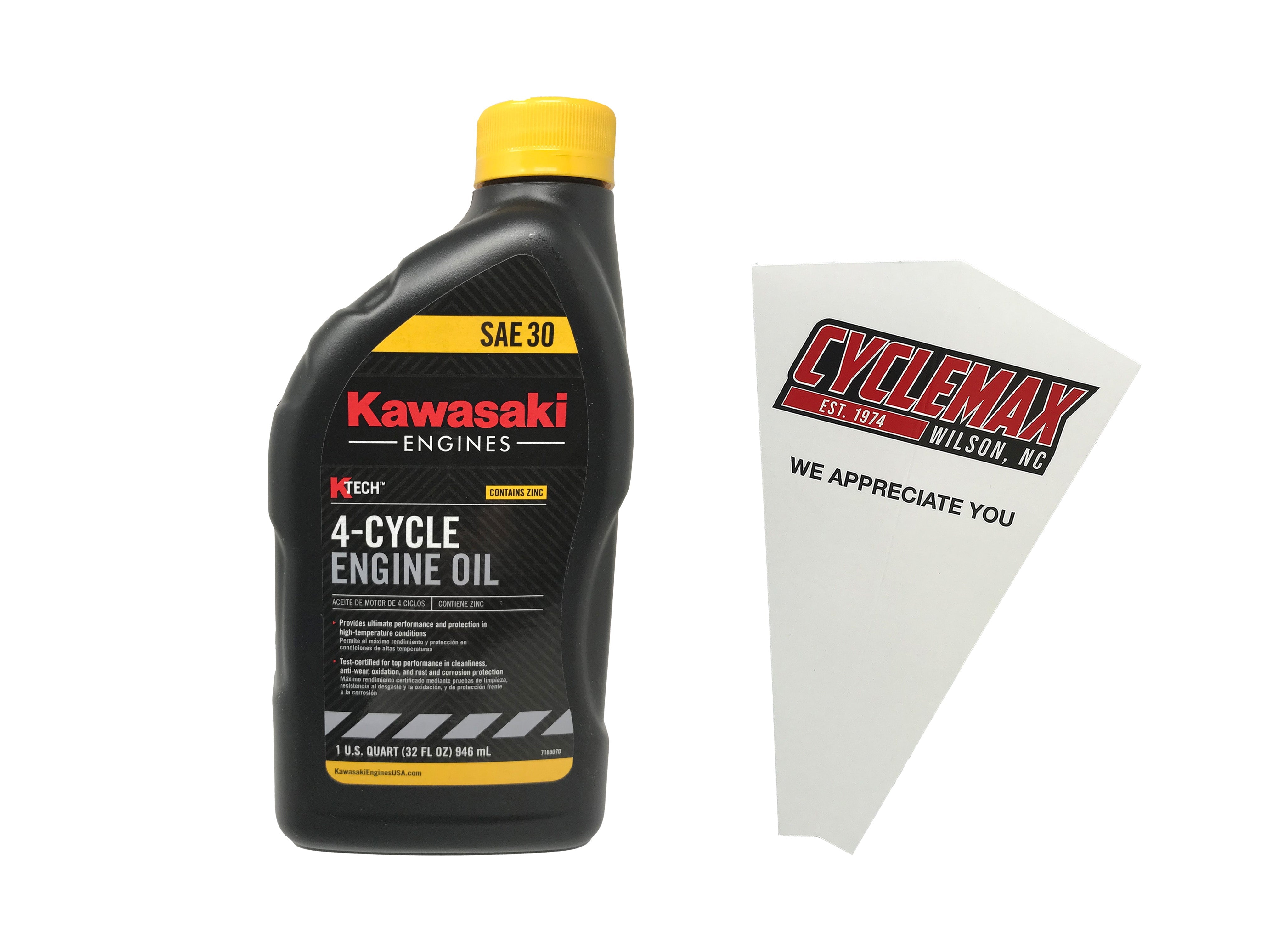 Cyclemax One Pack for Kawasaki SAE 30W K-Tech Lawnmower Engine Oil 99969-6281 Contains One Quart and a Funnel