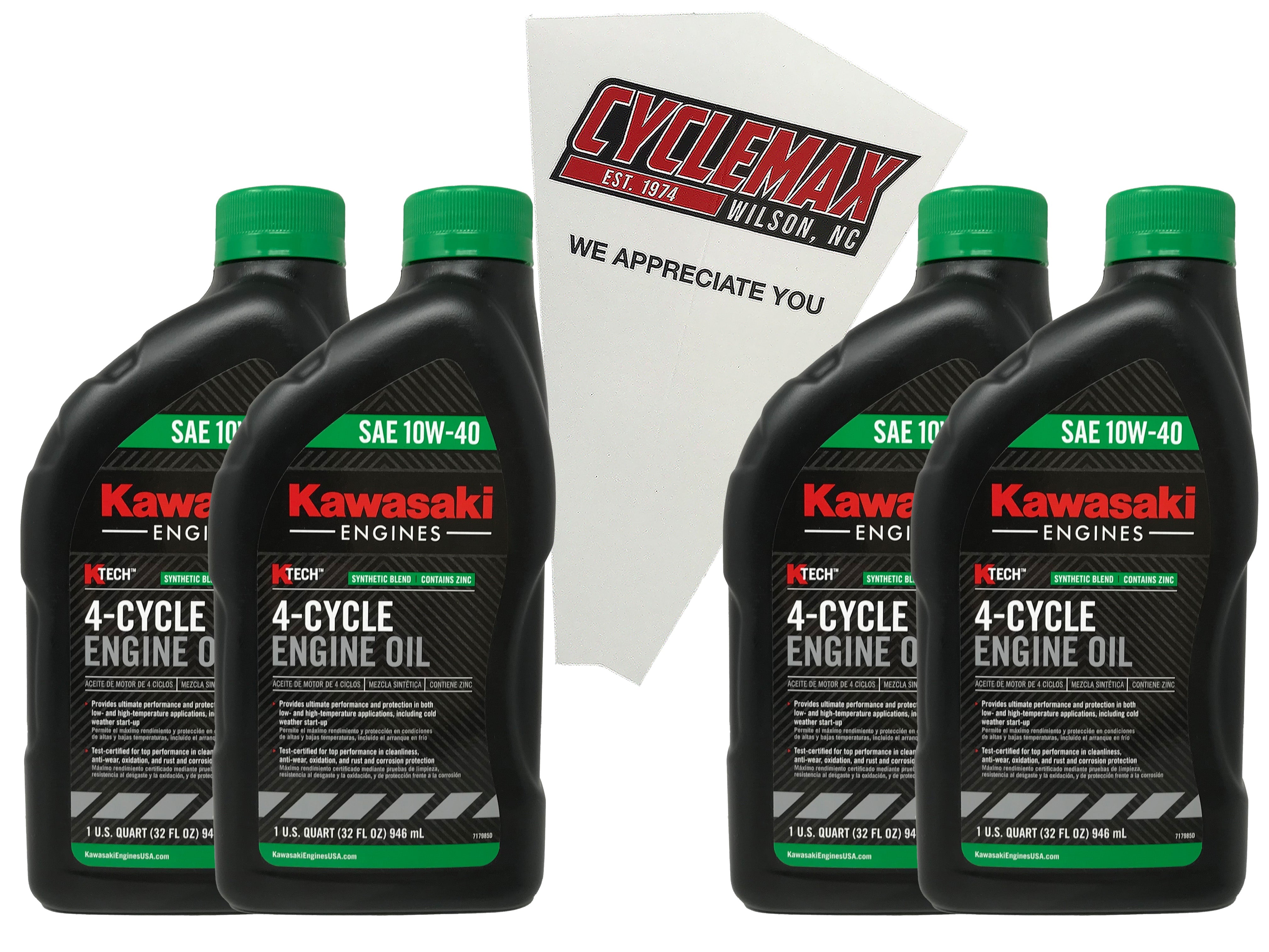 Cyclemax Four Pack for Kawasaki KTECH SAE 10W40 4 Cycle Lawnmower Oil 99969-6296 Contains Four Quarts and a Funnel