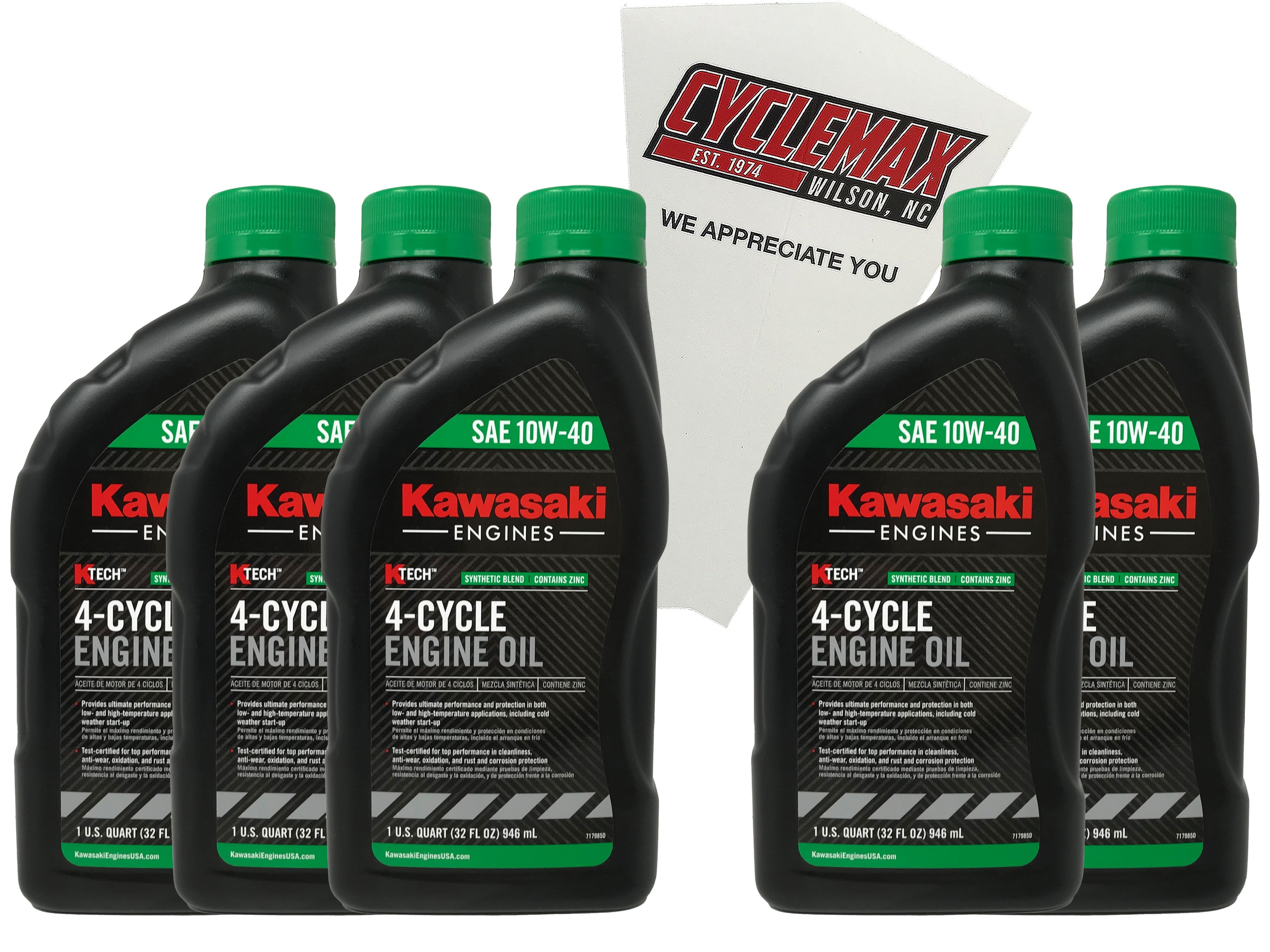 Cyclemax Five Pack for Kawasaki KTECH SAE 10W40 4 Cycle Lawnmower Oil 99969-6296 Contains Five Quarts and a Funnel