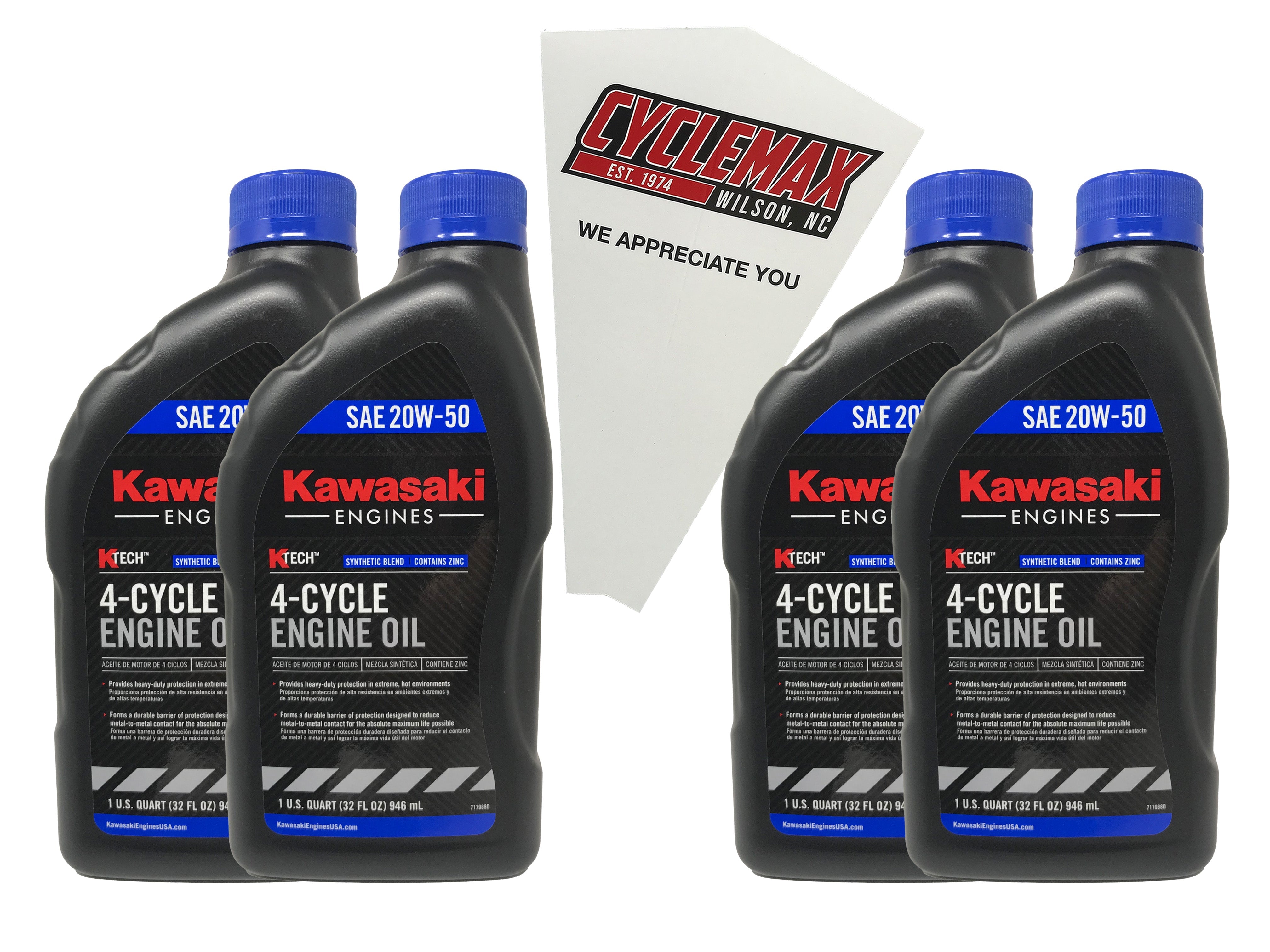 Cyclemax Four Pack for Kawasaki SAE 20W50 4-Cycle K-Tech Lawnmower Engine Oil 99969-6298 Contains Four Quarts and a Funnel