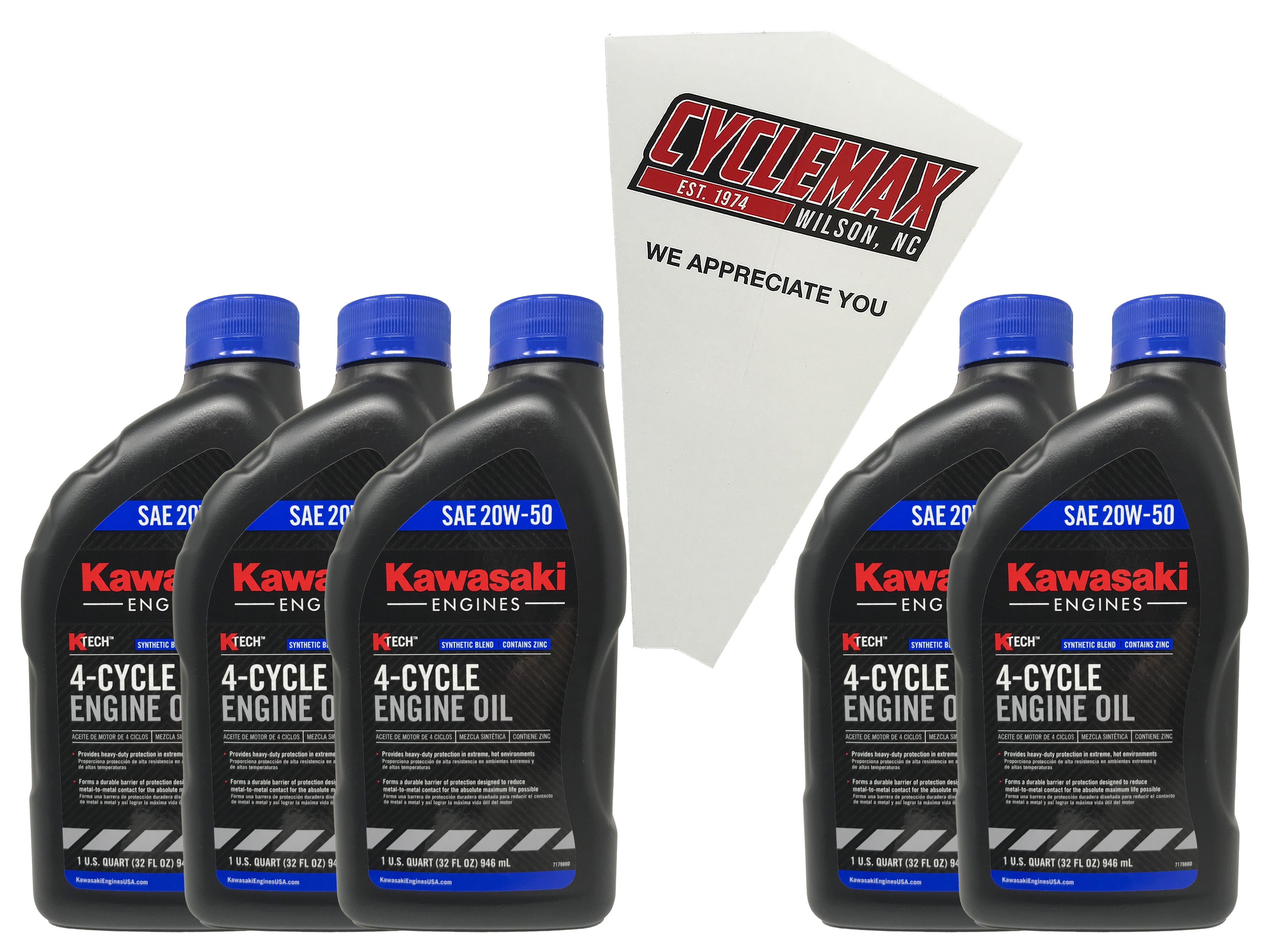 Cyclemax Five Pack for Kawasaki SAE 20W50 4-Cycle K-Tech Lawnmower Engine Oil 99969-6298 Contains Five Quarts and a Funnel