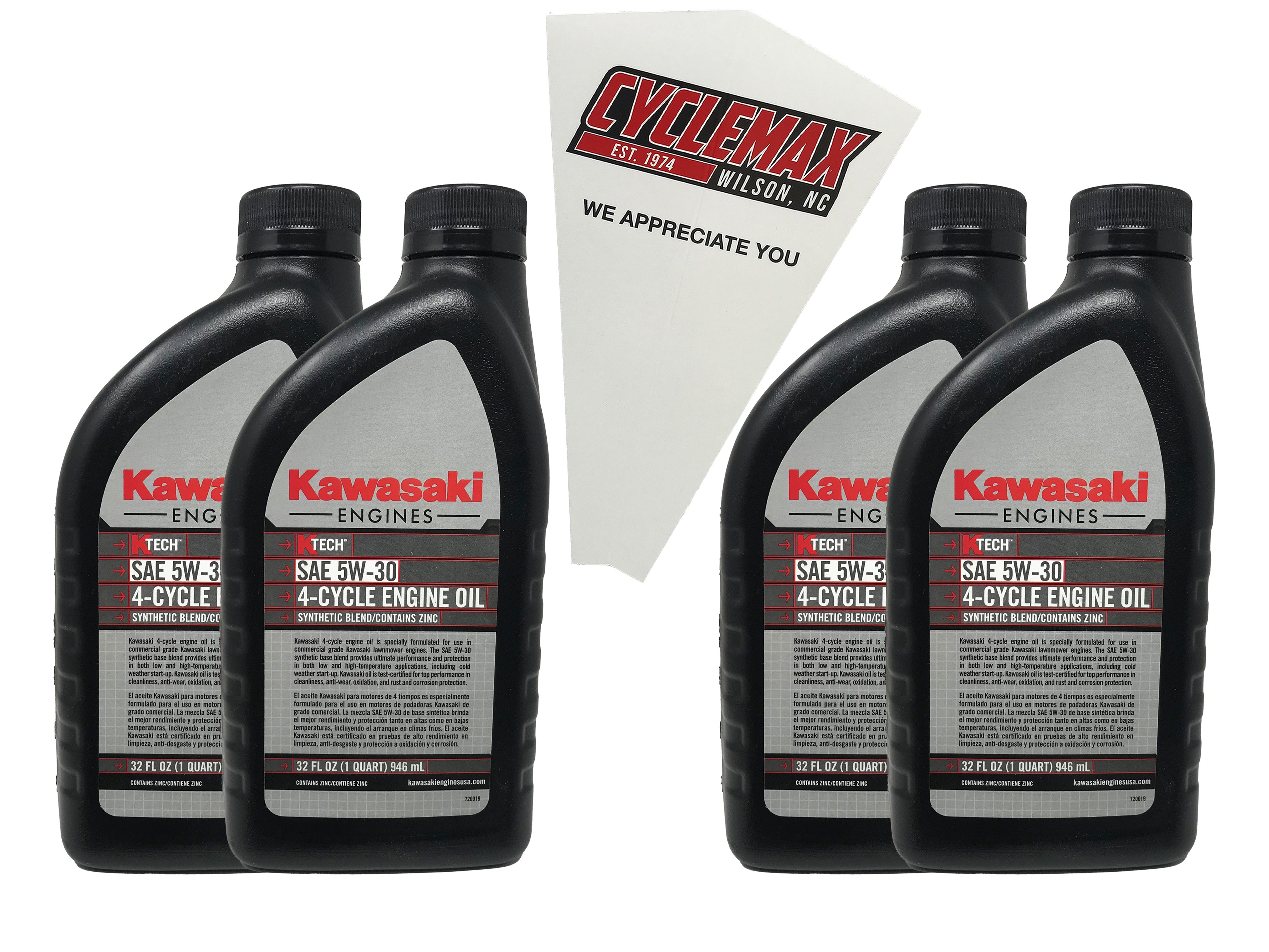 Cyclemax Four Pack for Kawasaki 4 Cycle 5W-30 K-Tech Lawnmower Engine Oil 99969-6500 Contains Four Quarts and a Funnel