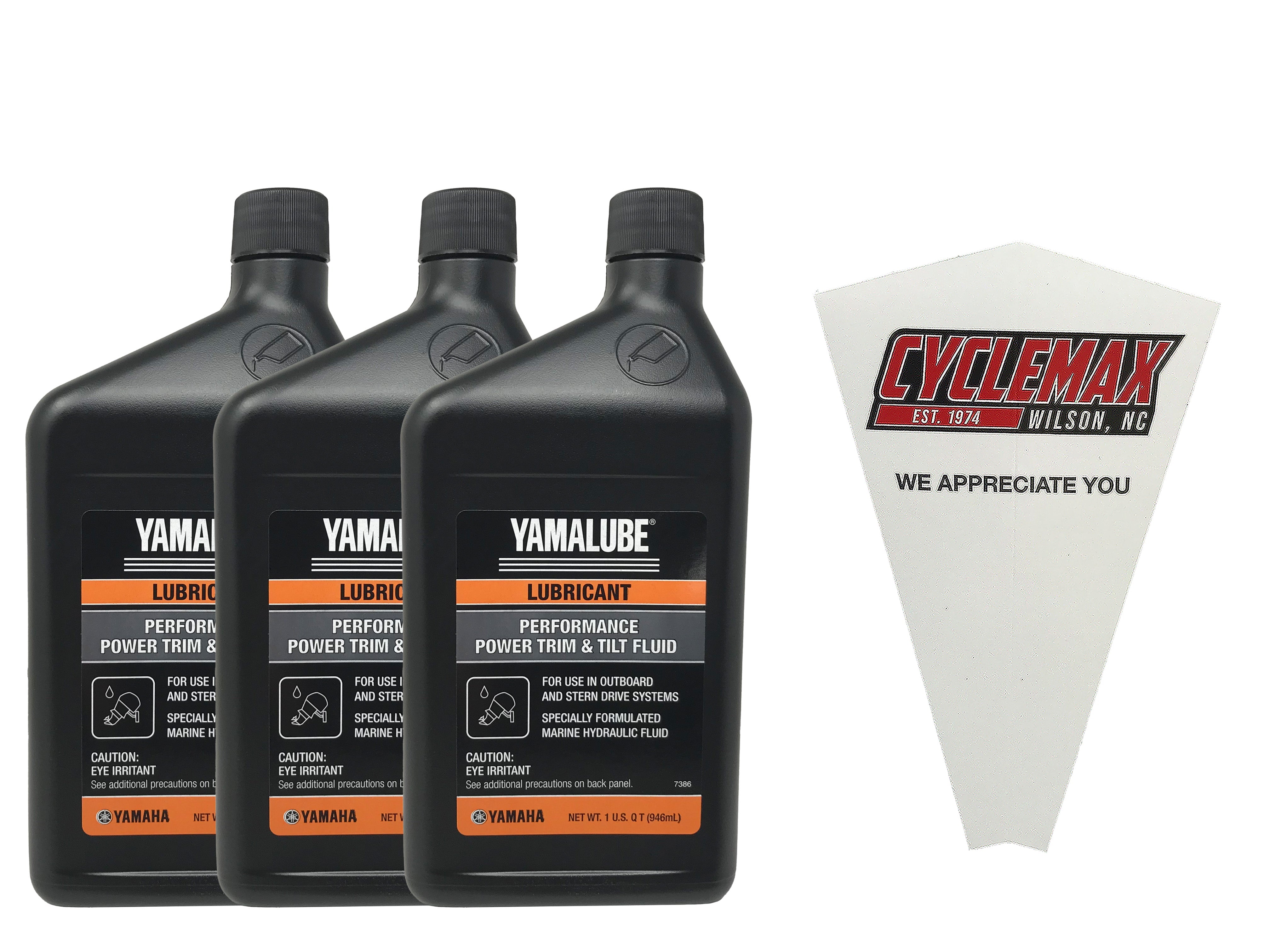 Cyclemax Three Pack for Yamaha Performance Power Trim & Tilt Fluid ACC-PWRTR-MF-32 Contains Three Quarts and a Funnel