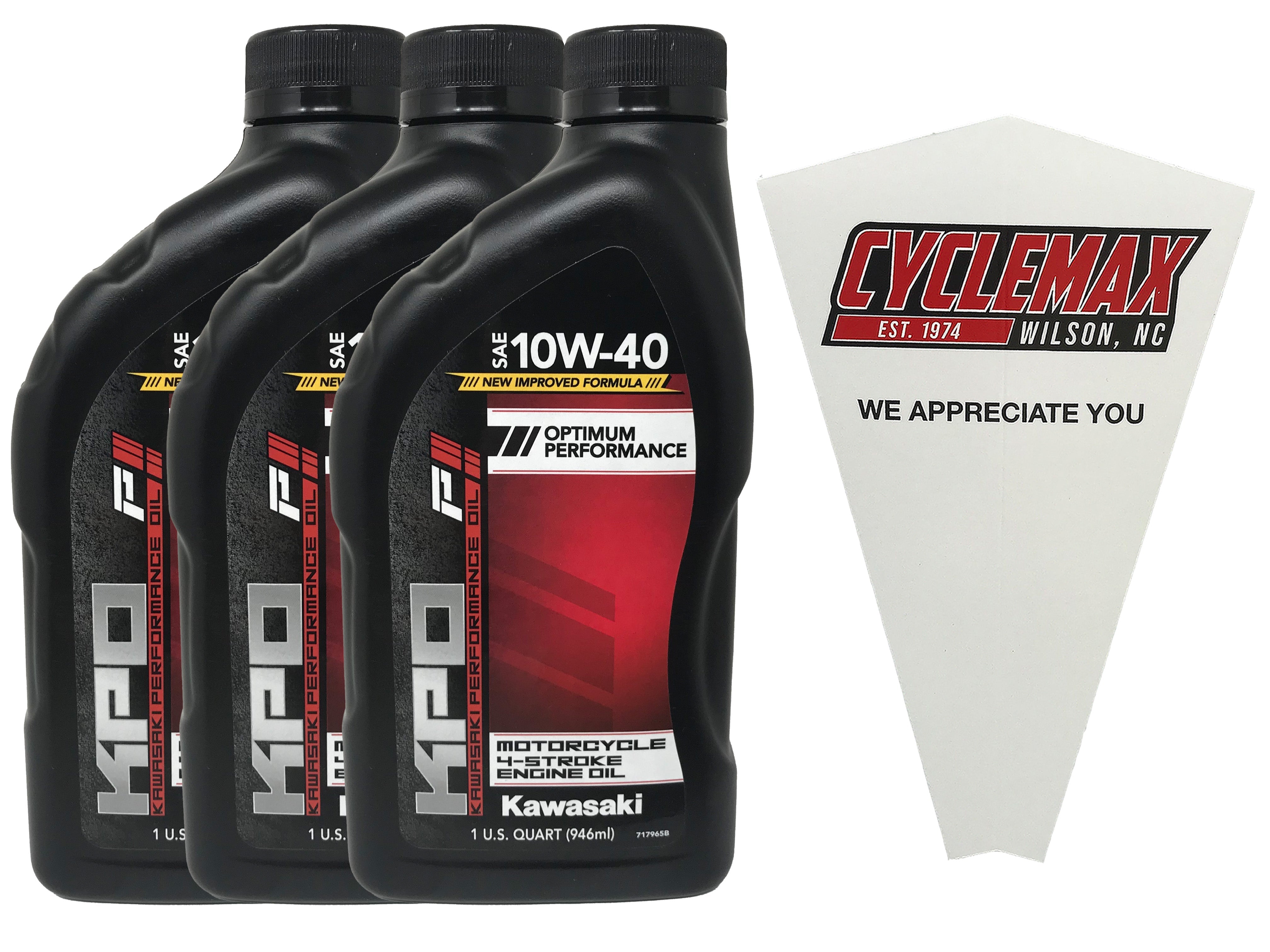 Cyclemax Three Pack for Kawasaki KPO Motorcycle 4-Stroke 10W-40 Oil K61021-101-01Q Contains Three Quarts and a Funnel