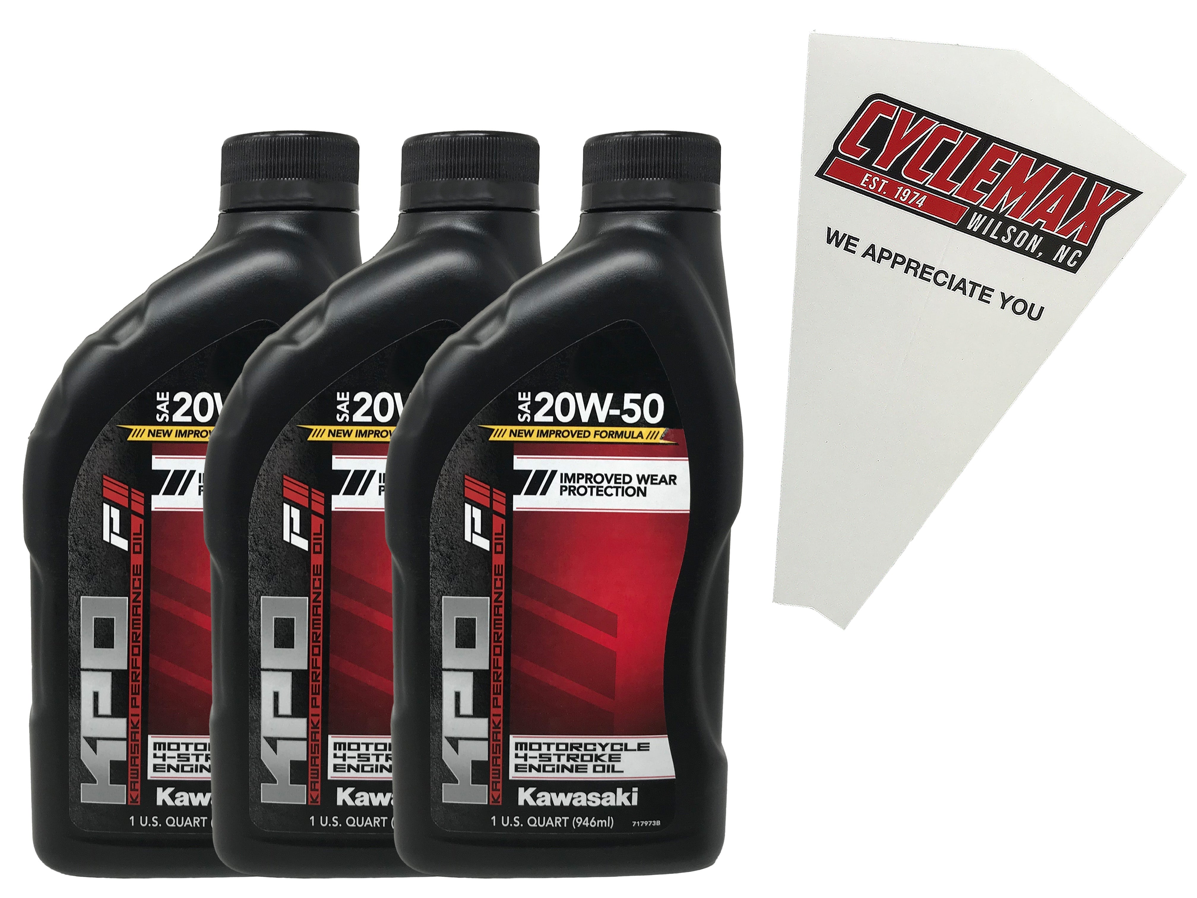 Cyclemax Three Pack for Kawasaki KPO 20W-50 4-Stroke Motorcycle Engine Oil K61021-102-01Q Contains Three Quarts and a Funnel