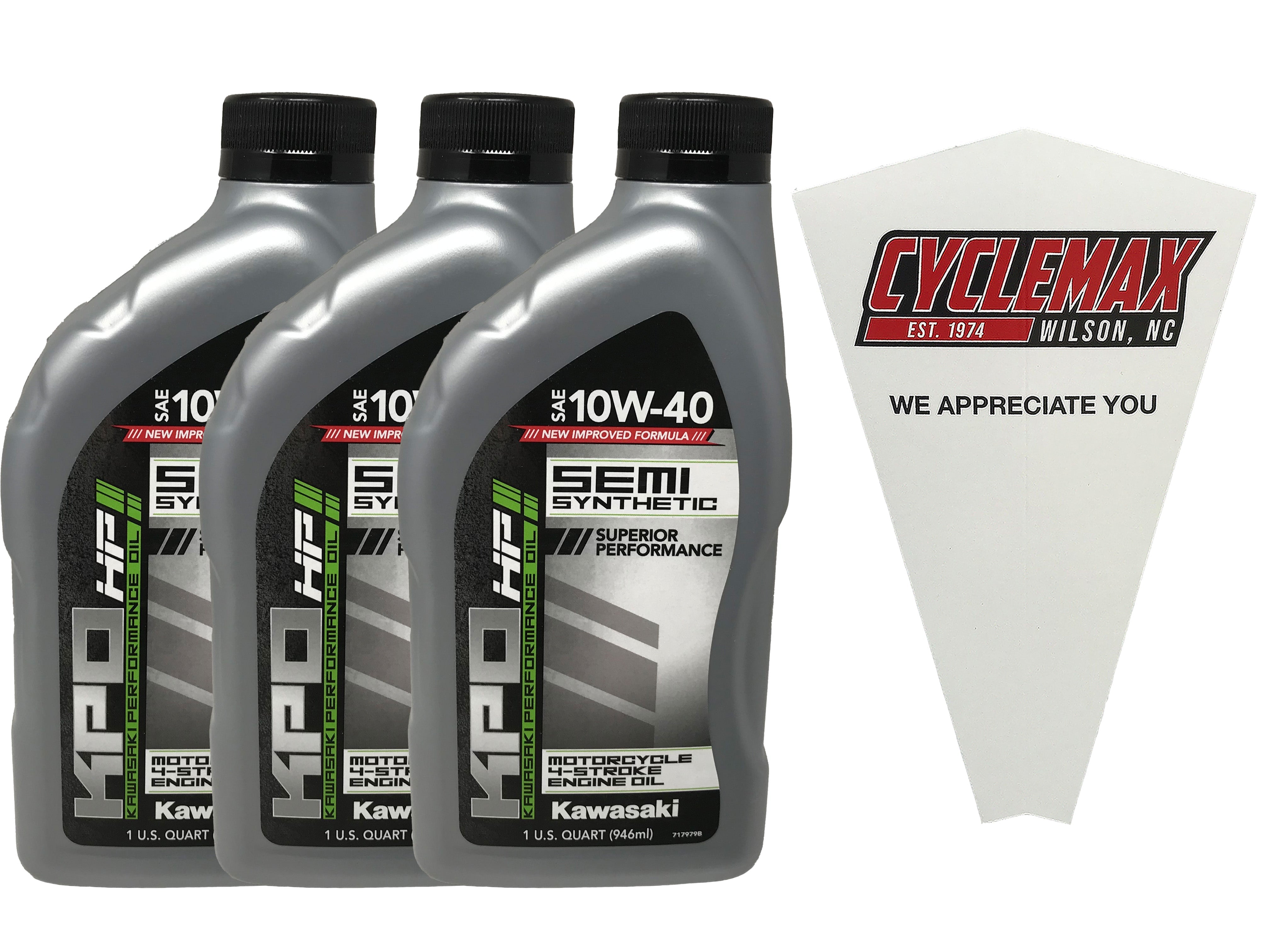 Cyclemax Three Pack for Kawasaki KPO Semi-Synthetic 10W-40 4-Stroke Motorcycle Oil K61021-300-01Q Contains Three Quarts and a Funnel