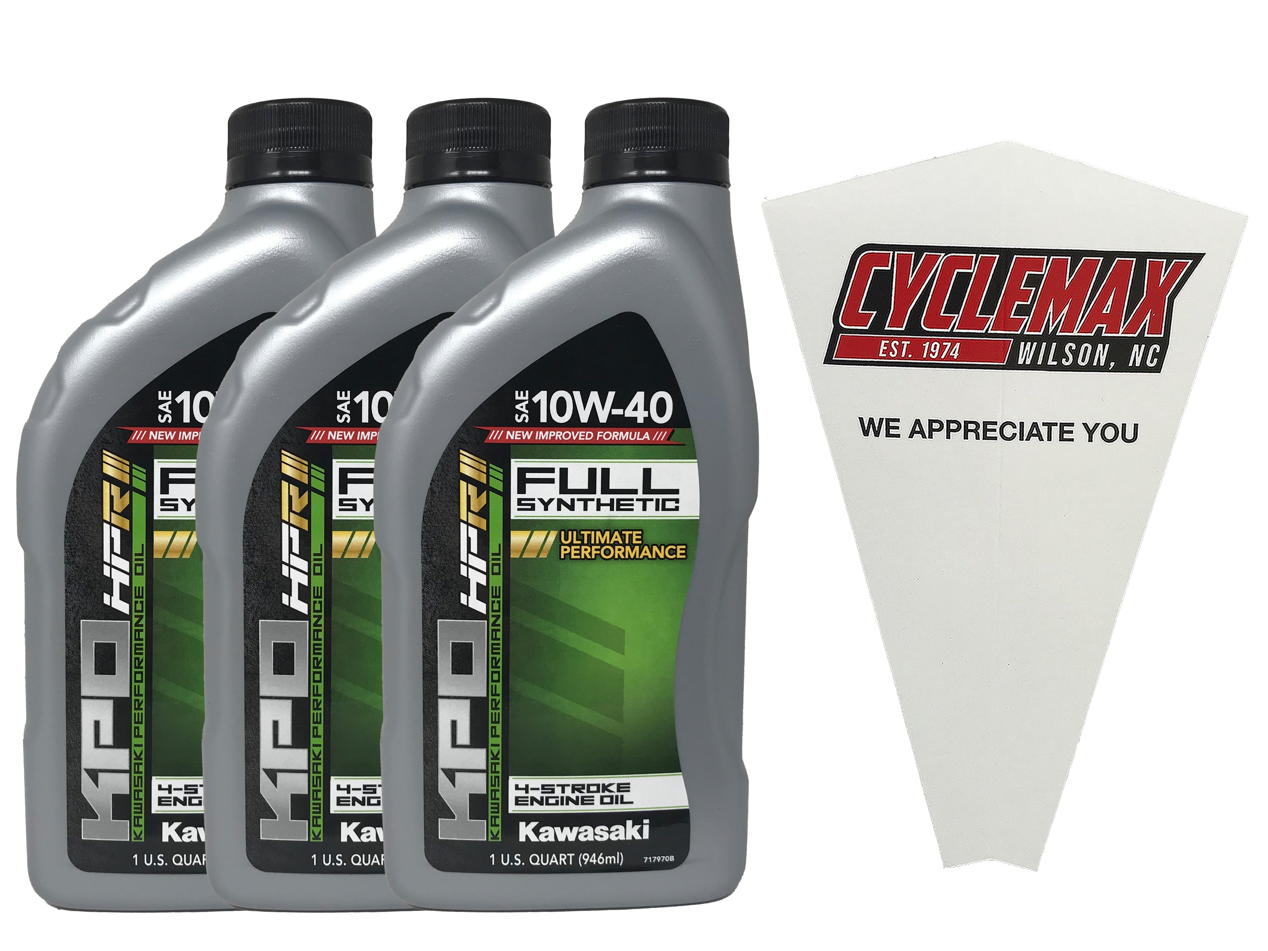 Cyclemax Three Pack for Kawasaki KPO Full Synthetic 10W-40 Oil K61021-500-01Q Contains Three Quarts and a Funnel