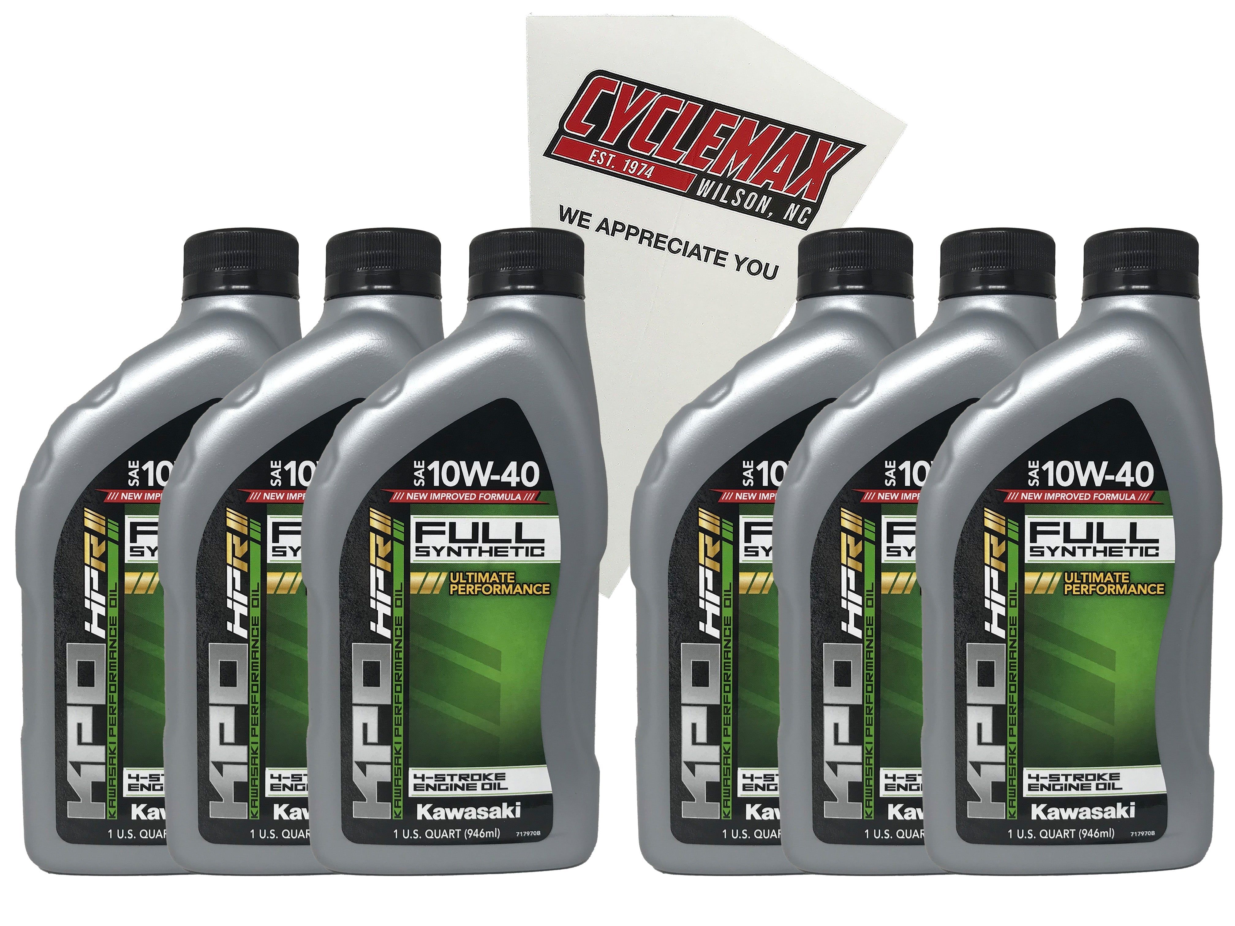 Cyclemax Six Pack for Kawasaki KPO Full Synthetic 10W-40 Oil K61021-500-01Q Contains Six Quarts and a Funnel