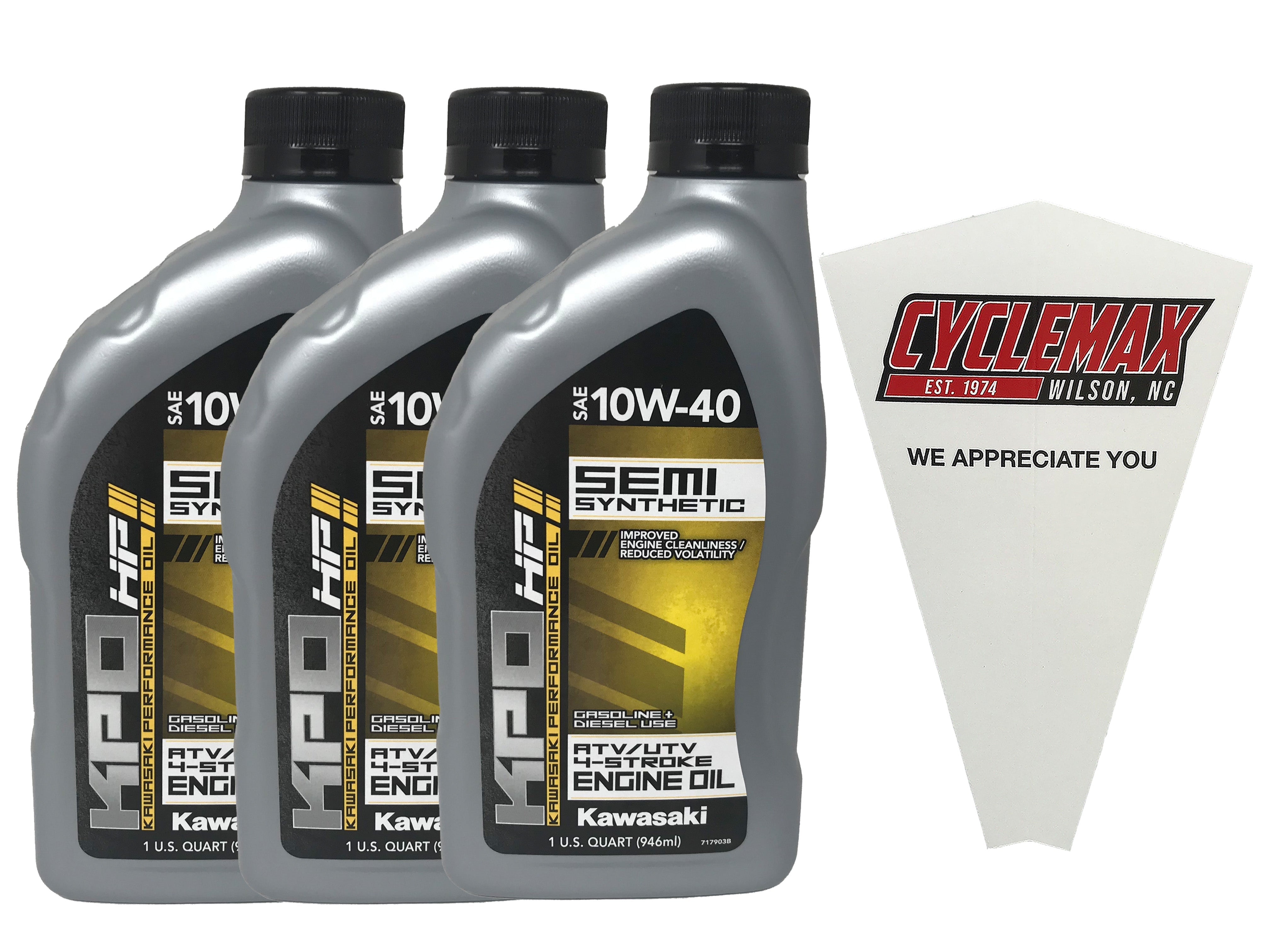 Cyclemax Three Pack for Kawasaki KPO Semi Synthetic ATV/UTV 10W-40Oil K61027-300-01Q Contains Three Quarts and a Funnel