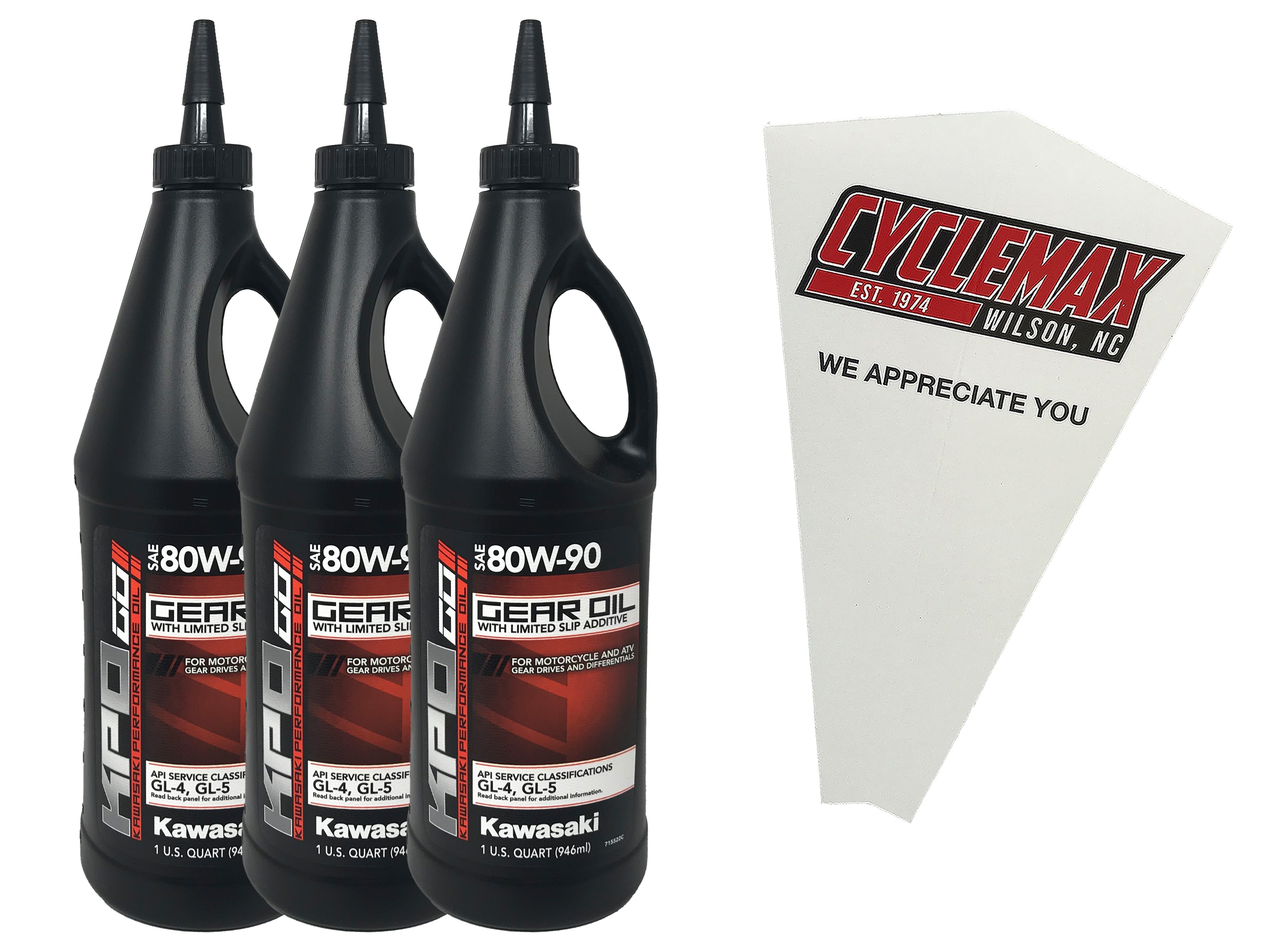 Cyclemax Three Pack for Kawasaki KPO Gear Oil with Limited Slip K6103G-103-01Q Contains Three Quarts and a Funnel