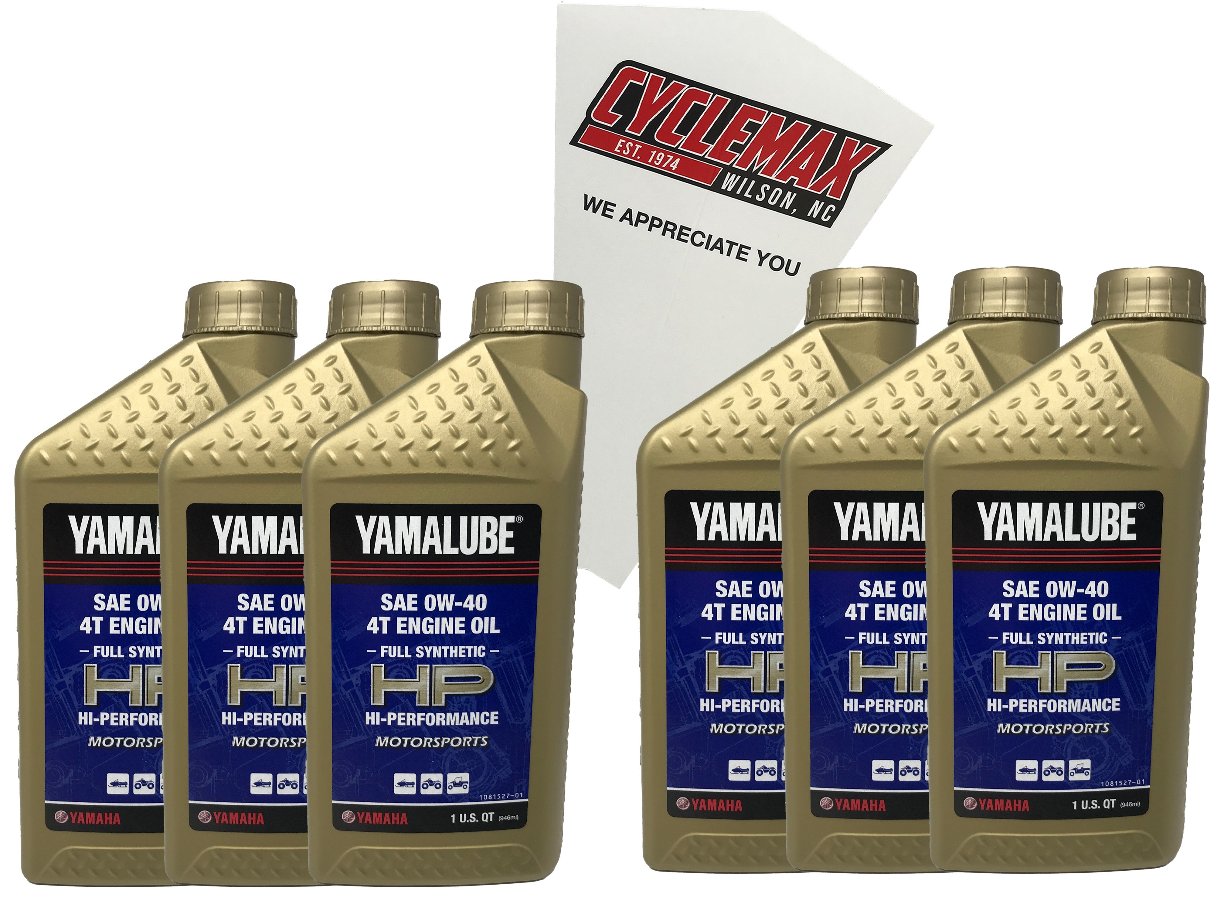 Cyclemax Six Pack for Yamaha Yamalube Full Synthetic 4-Stroke Engine 0W-40 Oil LUB-00W40-FS-12 Contains Six Quarts and a Funnel