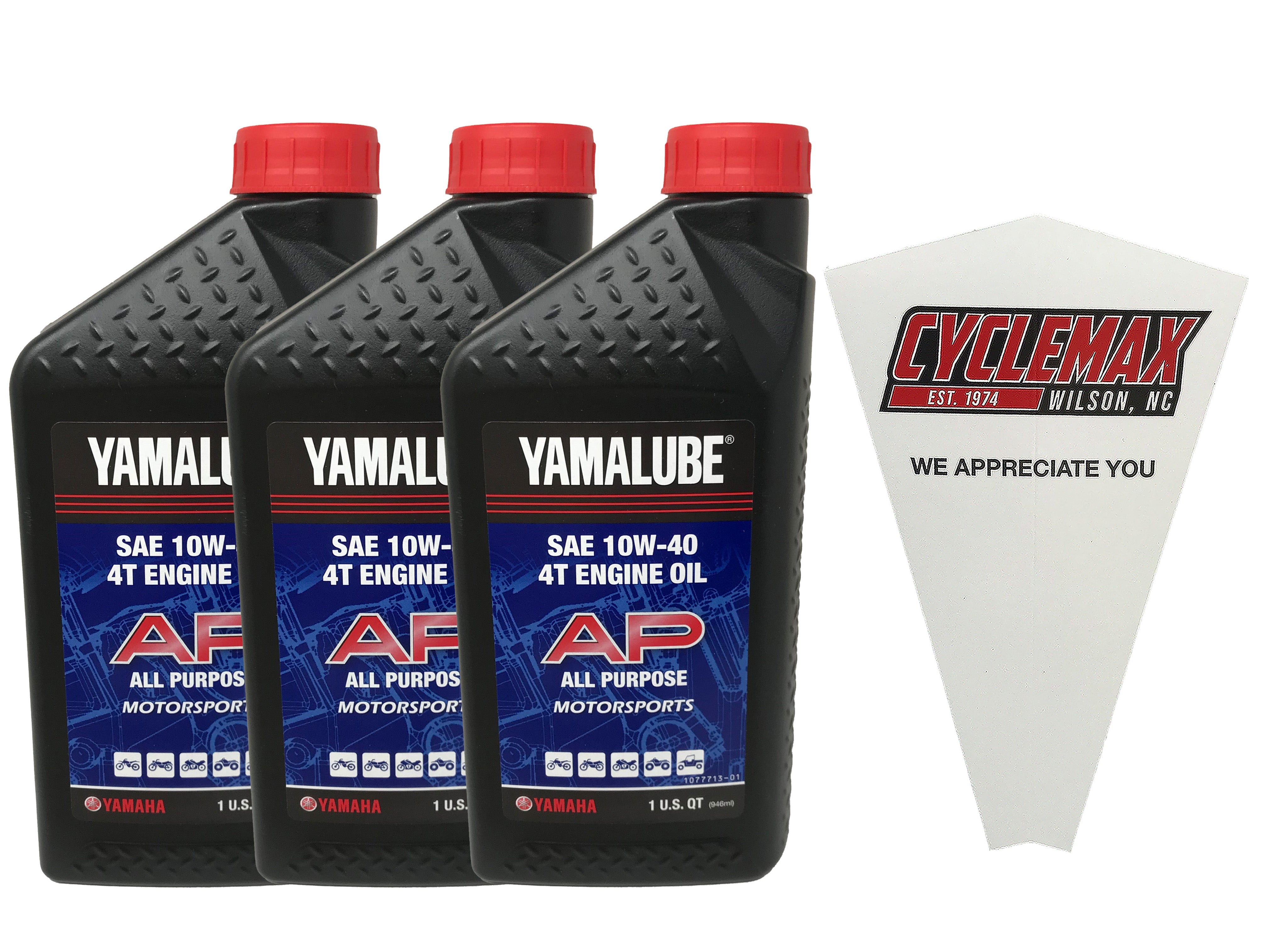 Cyclemax Three Pack of Yamaha Yamalube SAE 10W-40 4-Stroke Engine Oil LUB-10W-40-AP-12 Contains Three Quarts and a Funnel