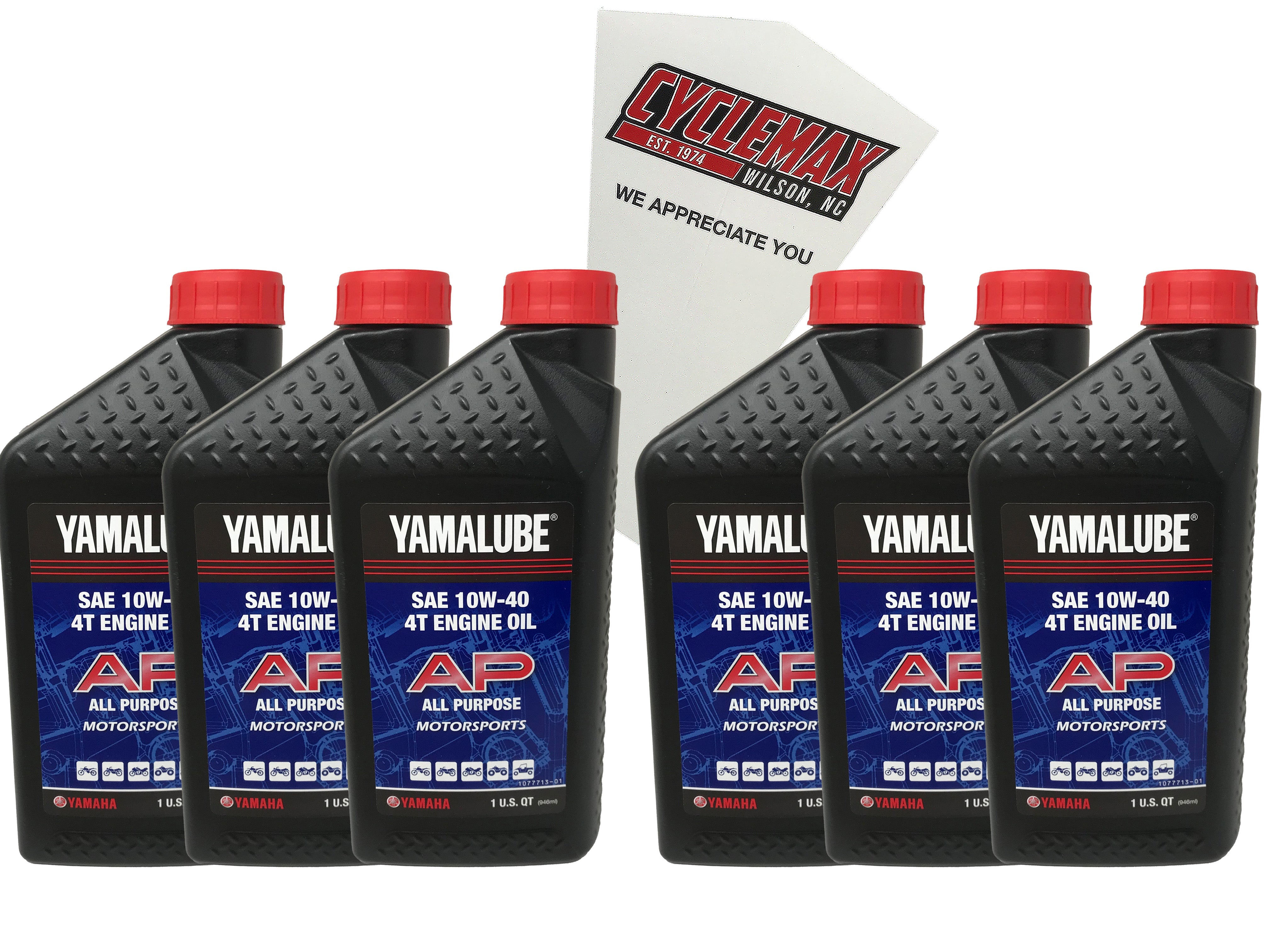 Cyclemax Six Pack of Yamaha Yamalube SAE 10W-40 4-Stroke Engine Oil LUB-10W-40-AP-12 Contains Six Quarts and a Funnel