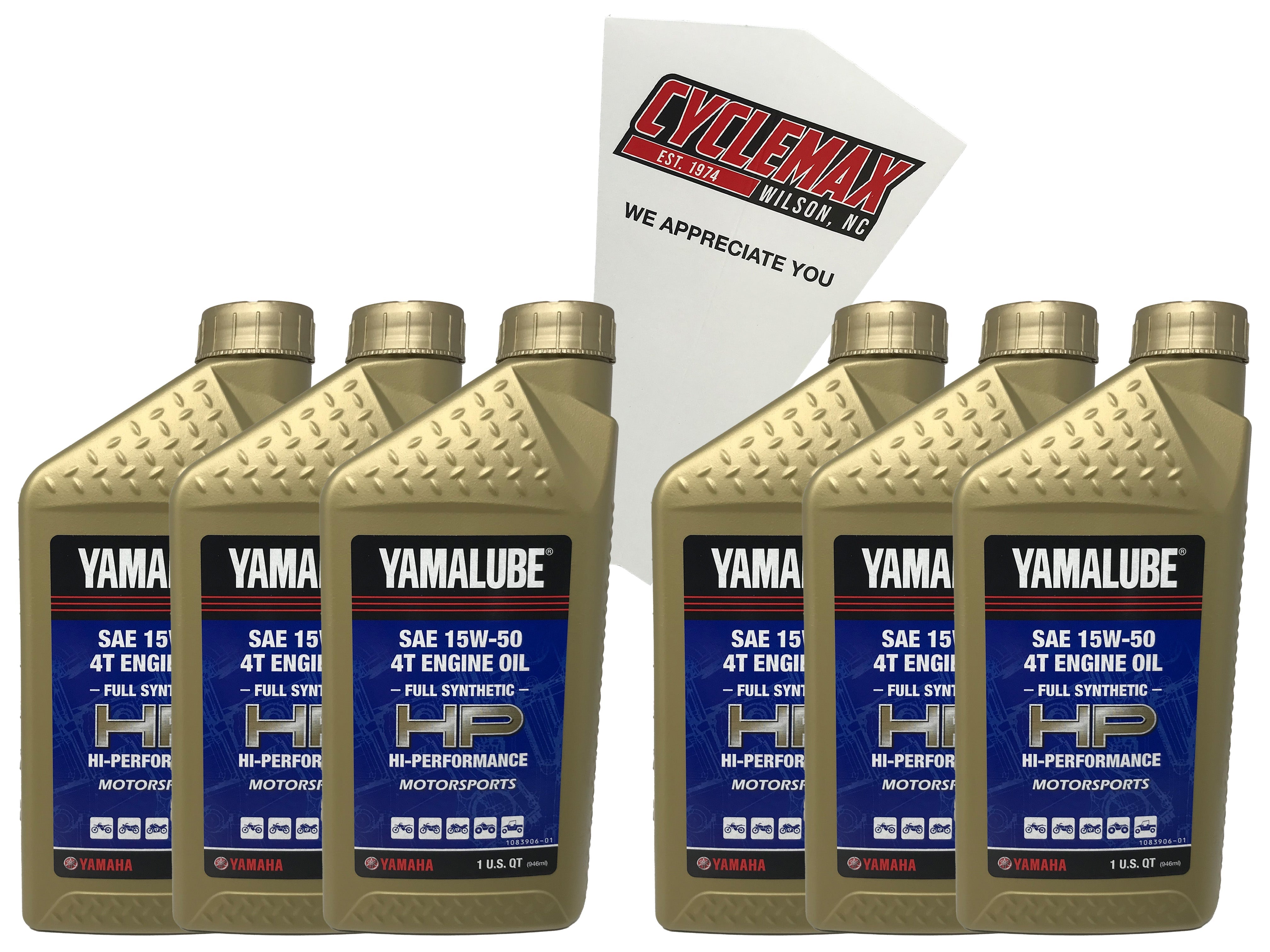 Cyclemax Six Pack for Yamaha Yamalube Full Synthetic 20W-40 4-Stroke Engine Oil LUB-15W50-FS-12 Contains Six Quarts and a Funnel