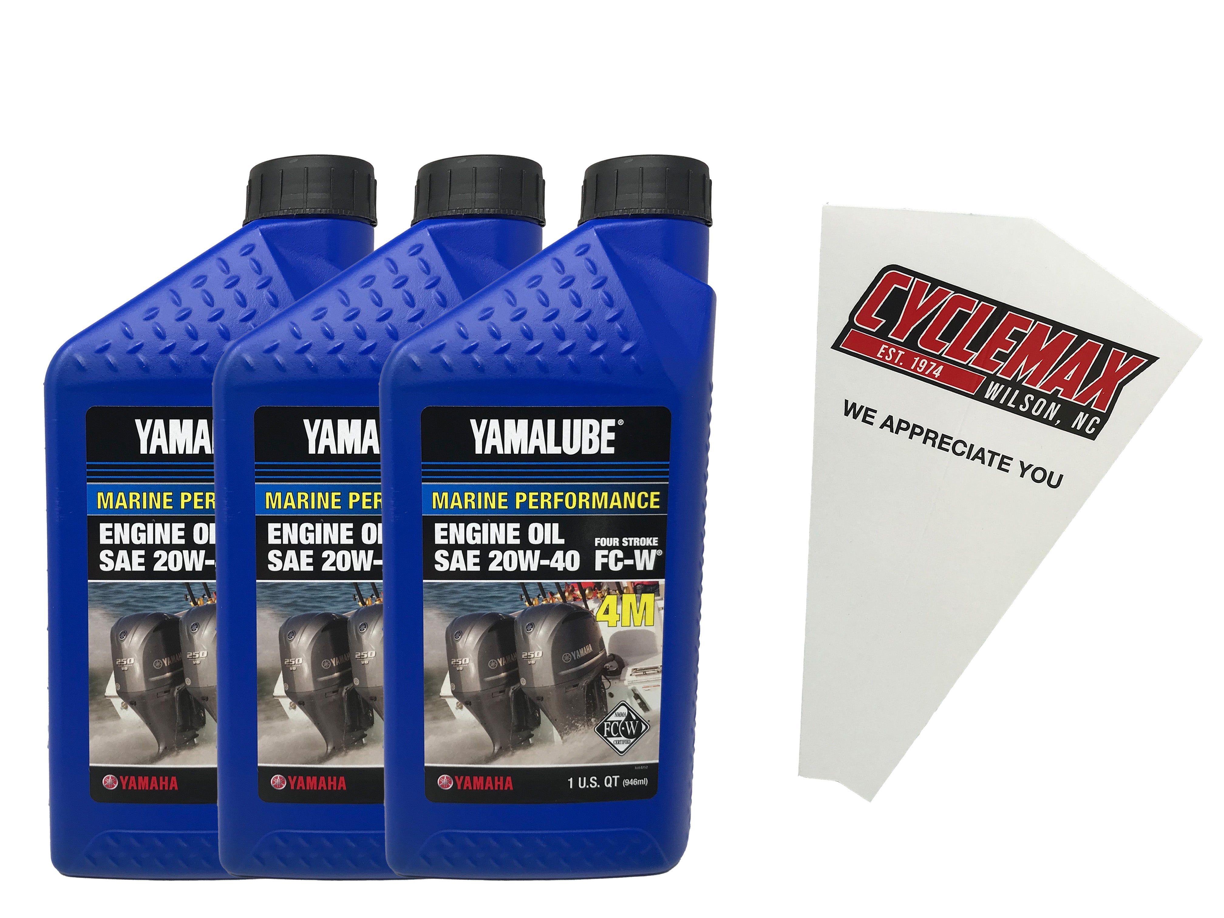 Cyclemax Three Pack for Yamaha Yamalube Marine 20W-40 4-Stroke Engine Oil LUB-20W40-FC-12 Contains Three Quarts and a Funnel