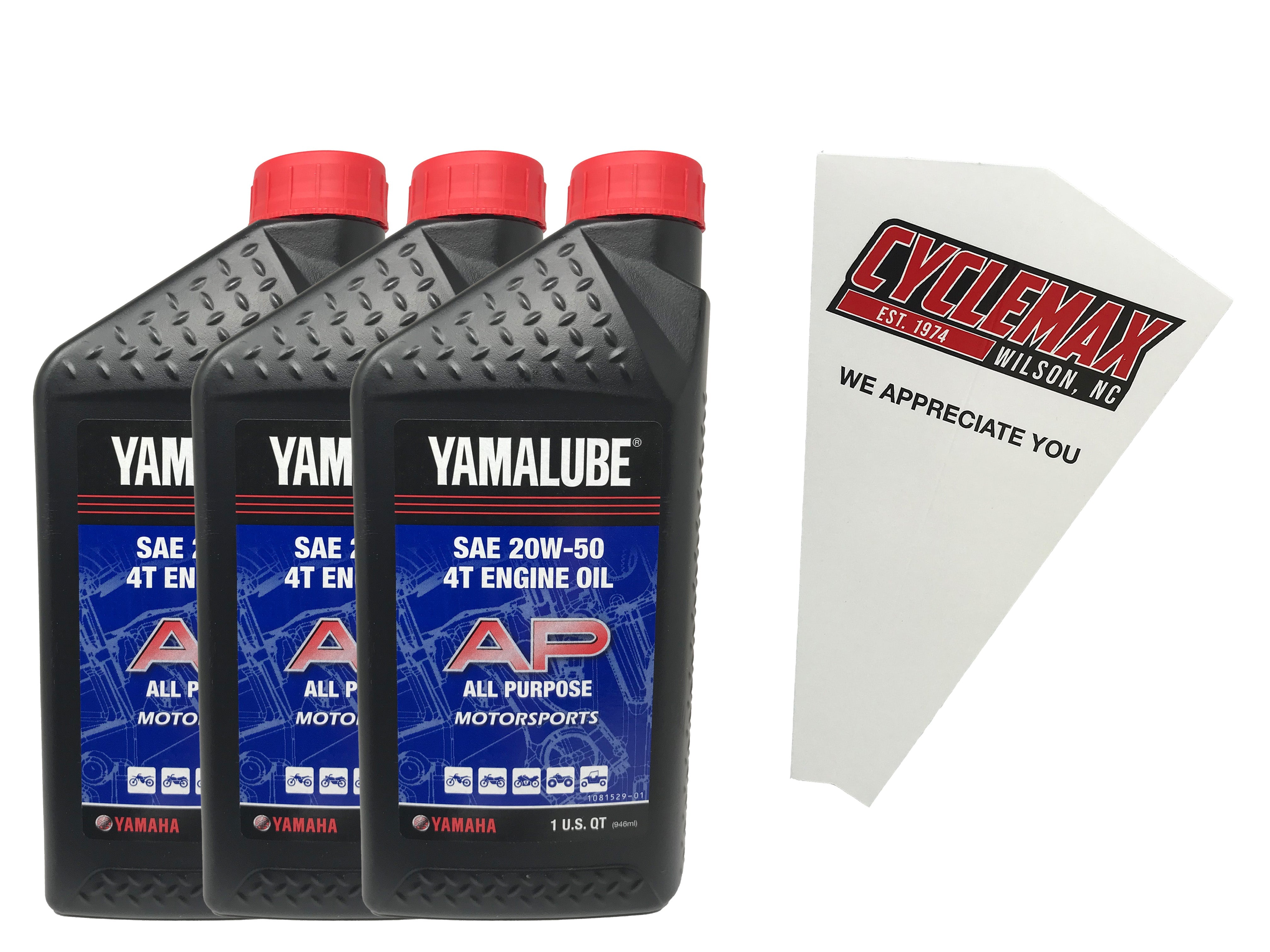 Cyclemax Three Pack for Yamaha Yamalube SAE 20W-50 4-Stroke Engine Oil LUB-20W50-AP-12 Contains Three Quarts and a Funnel