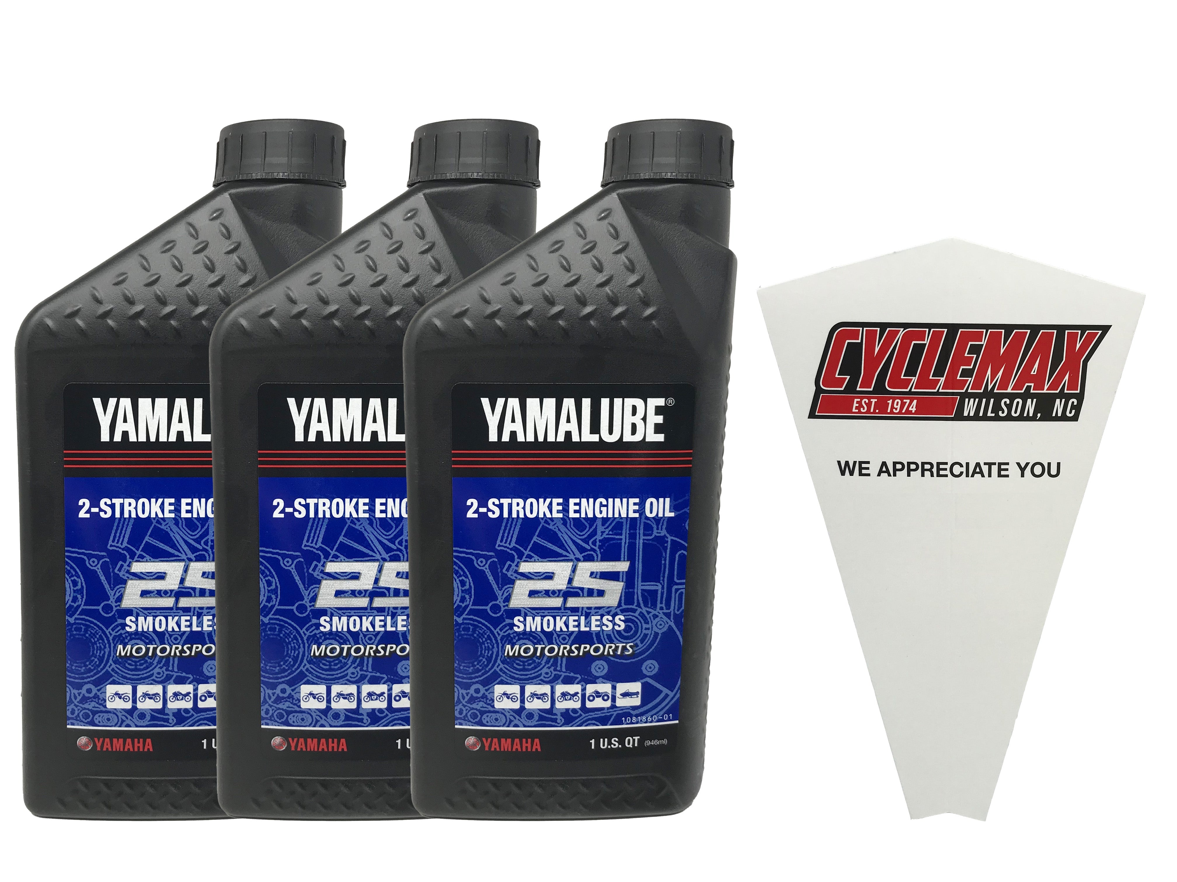 Cyclemax Three Pack for Yamaha All-Purpose 2S Smokeless 2-Stroke Oil LUB-2STRK-S1-12 Contains Three Quarts and a Funnel