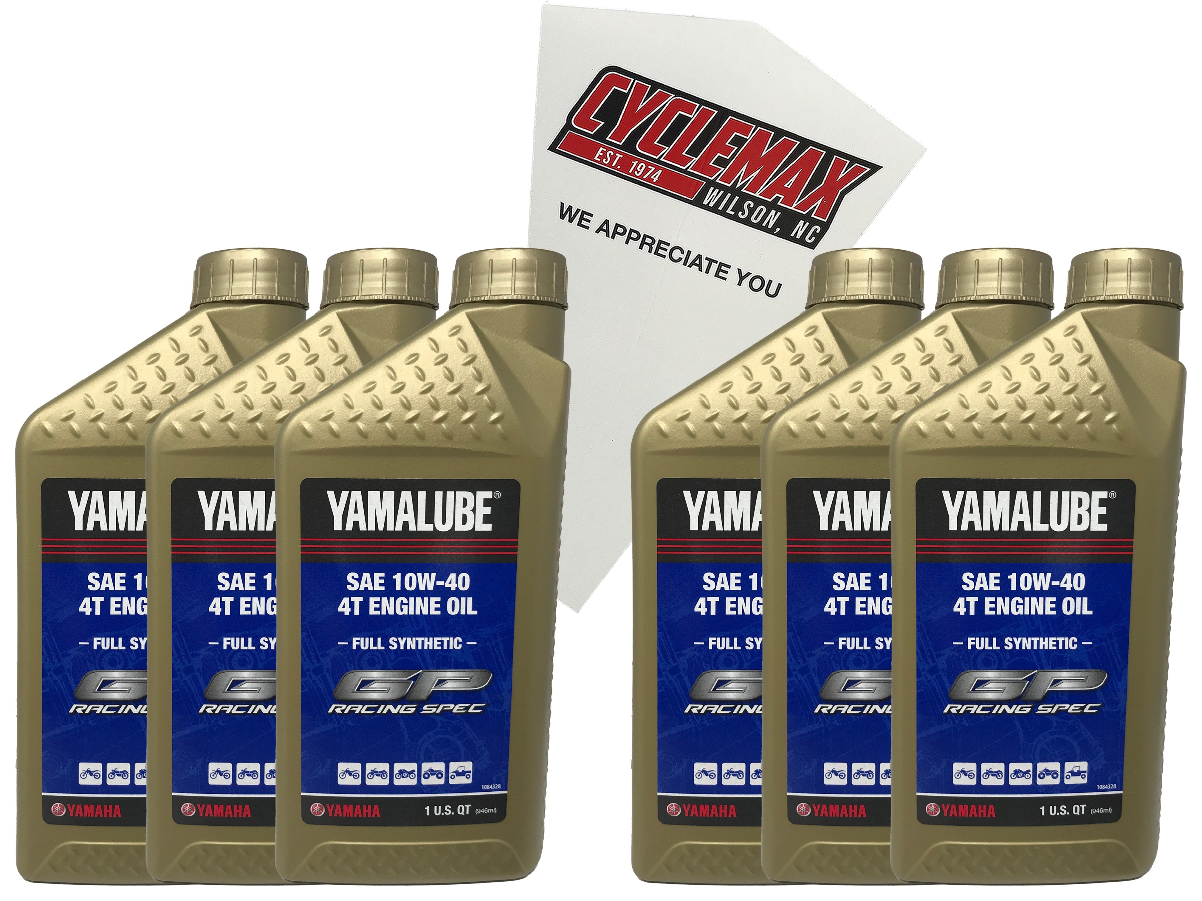 Cyclemax Six Pack for Yamaha Yamalube Full Synthetic 10W-40 4-Stroke Racing Engine Oil LUB-RS4GP-FS-12 Contains Six Quarts and a Funnel